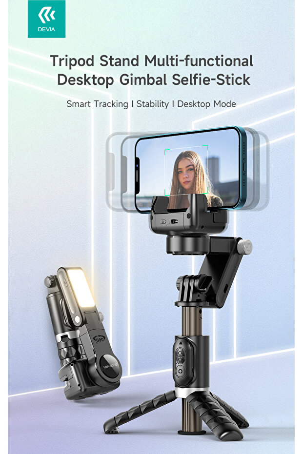 حامل ثلاثي متعدد الوظائف من ديفيا عصا السيلفي وجيمبال مكتبي متحرك 360 درجة مع اضاءة وتركيز على الوجه - 1