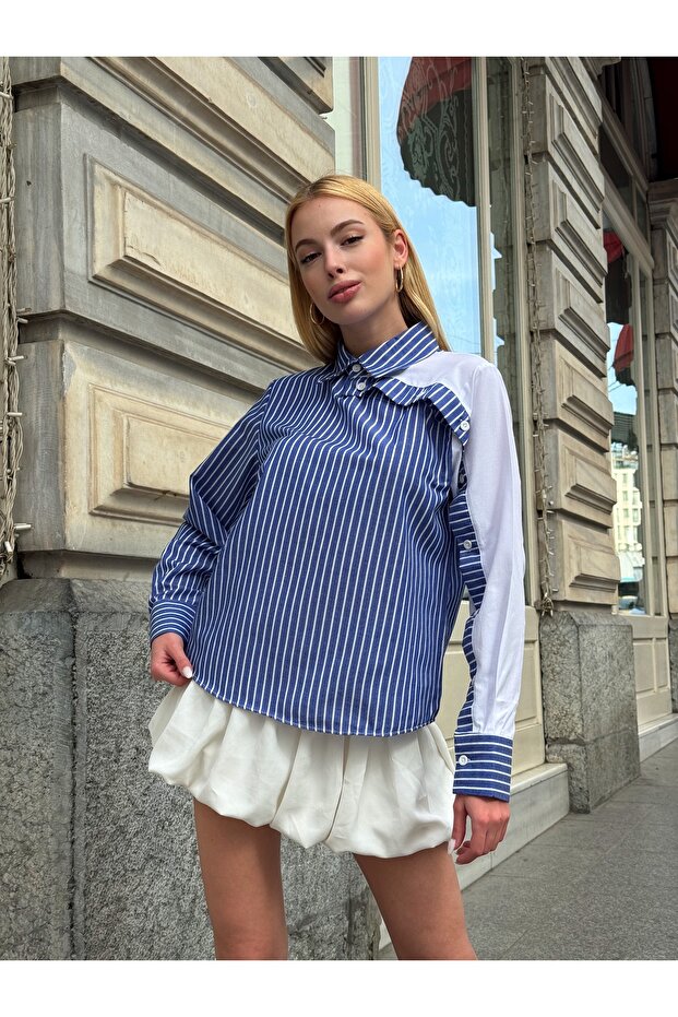 Dámska pásikavá blúzka so zapínaním na golier so špeciálnym dizajnom nadrozmerná bavlnená zakrivená elegantná košeľa - 6