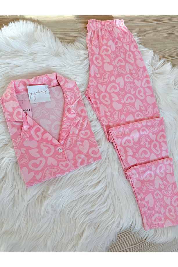 Açık Pembe Kalp Desenli Pegasus Kısa Kol Pijama Takımı - 2