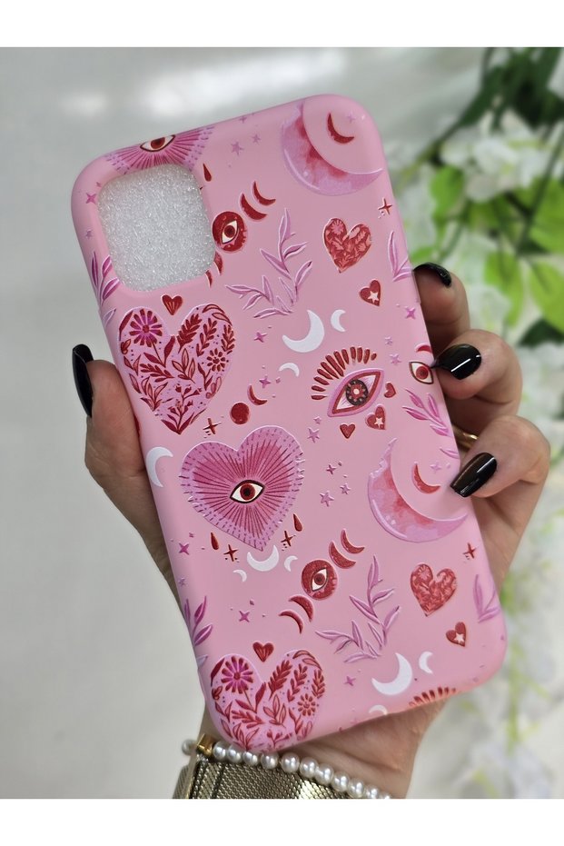 Iphone 11 Compatible Pink Mystic Heart & Moon Patterned Velvet Hard Silicone Phone Case