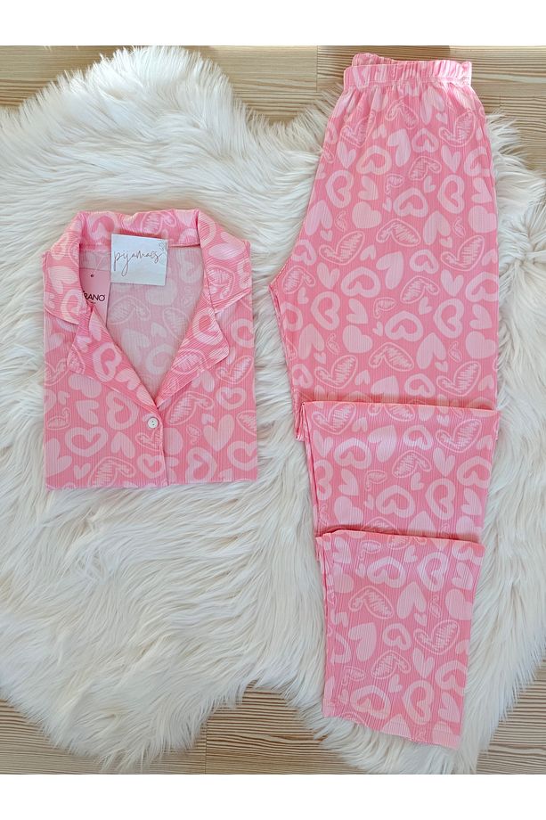 Açık Pembe Kalp Desenli Pegasus Kısa Kol Pijama Takımı - 1