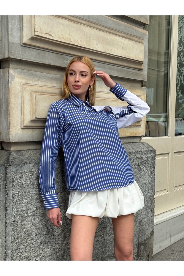 Dámska pásikavá blúzka so zapínaním na golier so špeciálnym dizajnom nadrozmerná bavlnená zakrivená elegantná košeľa - 3