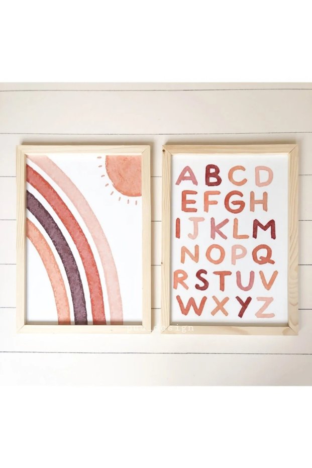 Natural Wood Edged Alphabet Wall Decor Painting Set for Salon Living Bed Children's Room