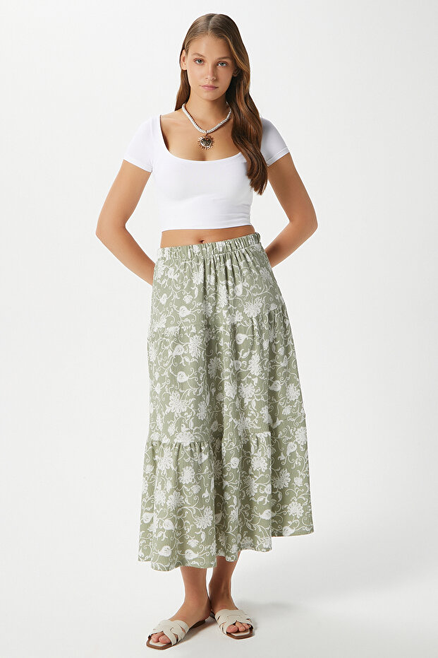 Women's Caty Elastic Waist Khaki Cream Long Skirt