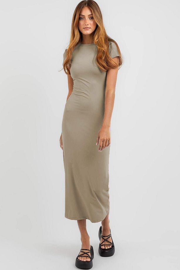 Bej Basic Yarım Balıkçı Uzun Elbise MG1856 - 1