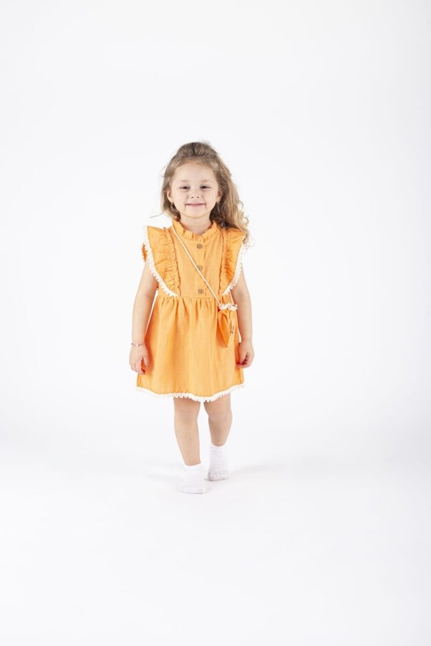 Girl's Seasonal Salopet Orange Holiday Dress with Bag and Lace Short Sleeves (Ages 2-3-4-5)