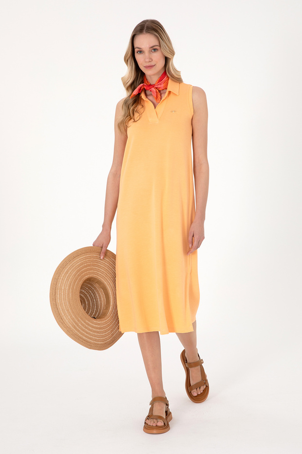 Women's Orange Polo Neck Midi Length Knitted Dress 50300674-Vr202