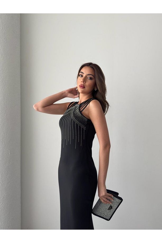 TİANA Kadın Omuz çoklu Askılı önü Taş Işlemeli Balık Kesim Janjan Krep Maxi Boy Elbise - 5