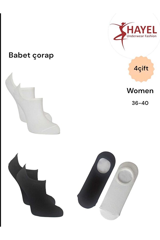 4 Pairs Black and White Cotton Plain Women's Ballerina Socks