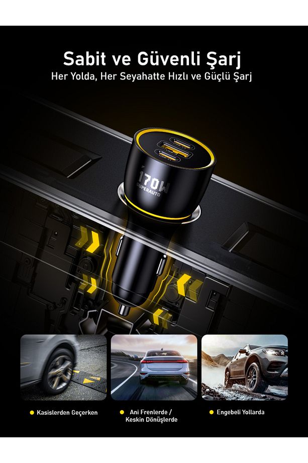Superauto Araç Içi Şarjı, 3 Portlu Pd 170w Type-c Ve Usb-a Girişli, Hızlı Şarj Çakmaklık Adaptörü - 7