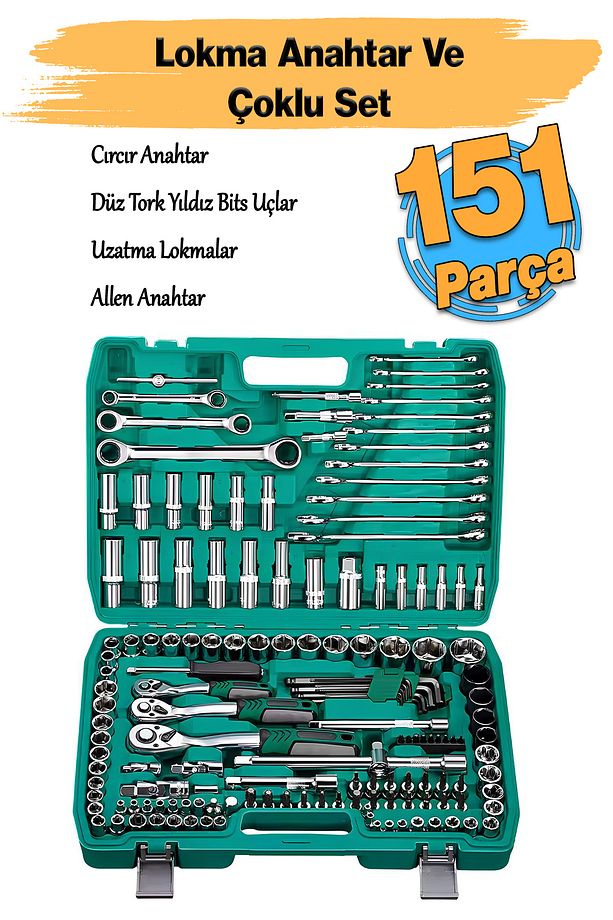 Lokma Anahtar Takımı 151 Parça Uzatma Kolu Mafsallı 1/2 3/8 1/4 Yıldız Tork Düz Set Bits Uç Allen - 1