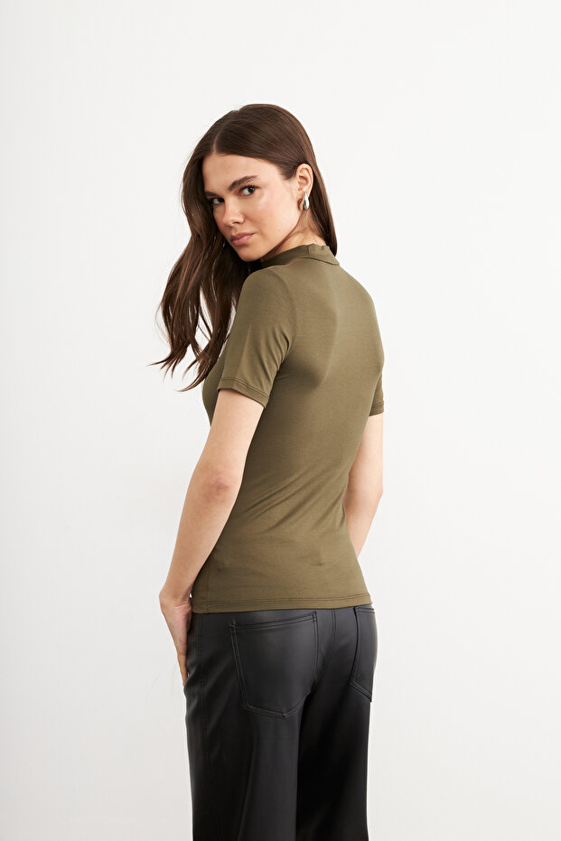 Kadın Haki Basic Kısa Kol Bluz - 7