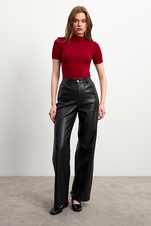 Kadın Bordo Basic Kısa Kol Bluz - 5