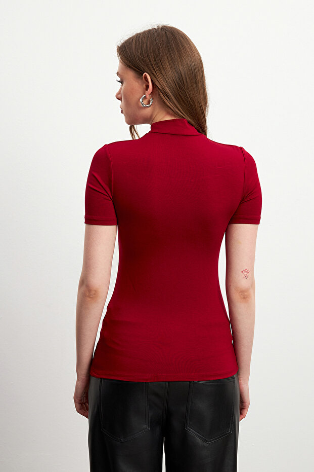 Kadın Bordo Basic Kısa Kol Bluz - 6