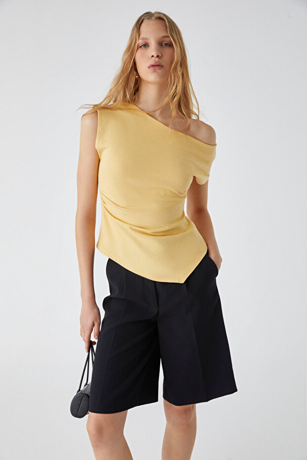 Rehinga Women's 100% Cotton Waist-Fitted Asymmetrical Collar Regular Fit Short Sleeve Yellow Blouse