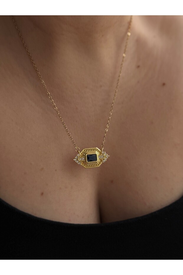 Steel Gold Navy Blue Stone Serenay Skill Necklace -Does Not Tarnish-