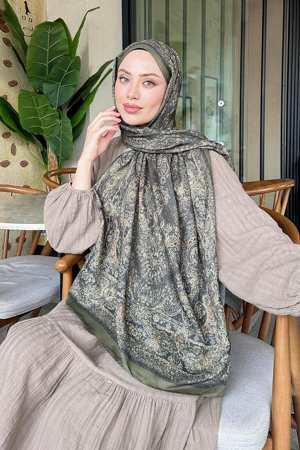 Retro Desen Soft Şal Haki - 3