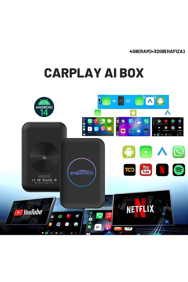CarPlay Ai Box 4GB+32GB Youtube,Netflix,Google Play & Kablosuz Carplay&Android Auto- Android 14 - 1