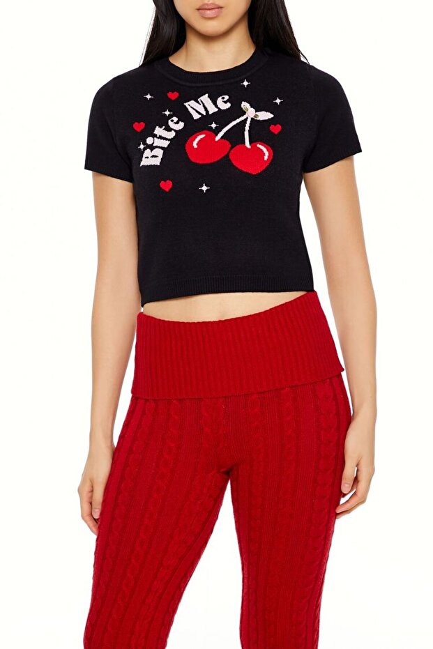 Bite Me Yazılı Triko Tişört - 2