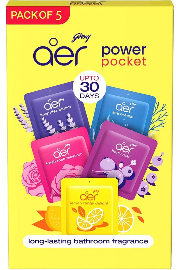 Power Pocket Air Freshener- Bathroom And Toilet Lasts Up To 30 Days Assorted Pack Of 5 (50G), Multicolour, 40017848