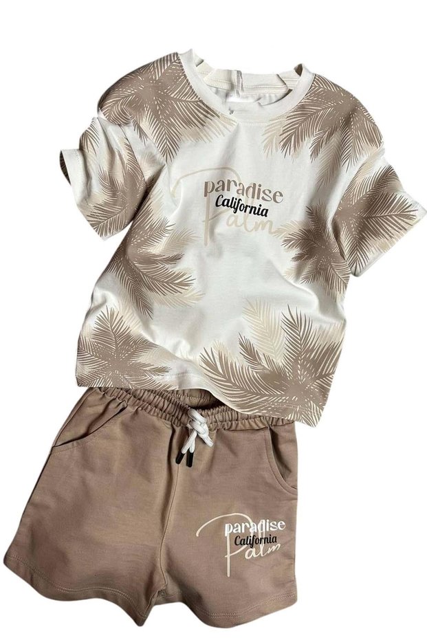 Boy's T-Shirt with Palm Detail and Paradise California Print Beige Shorts Set