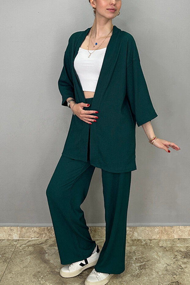 Women's Emerald Green Palazzo Trousers - Kimono Set