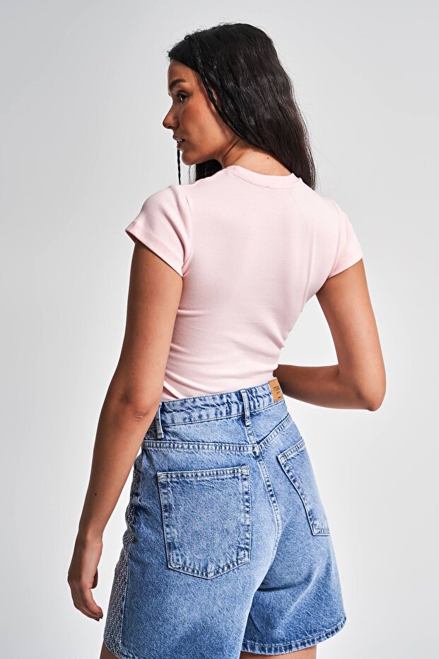 Kadın Pembe Renk s5-20 Süper Esnek Kumaş %100 Pamuk Bisiklet Yaka Basic Body - 5
