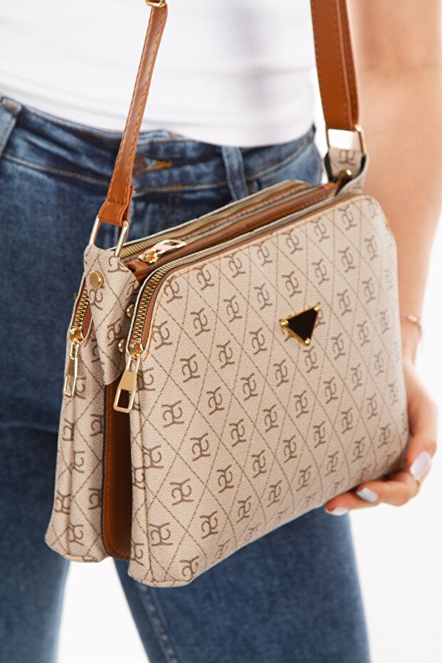 Women's Monogram Patterned Long Strap Cross Shoulder Bag – Beige