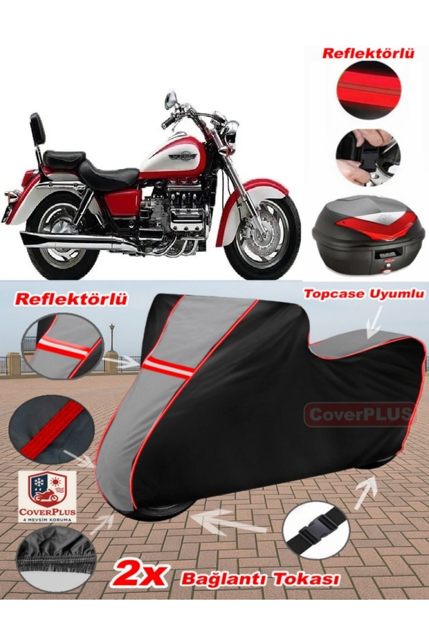 Honda Valkyrie F6C Tarpaulin Topcase Compatible Motorcycle Tarpaulin (Grey-Black Red Stitched)