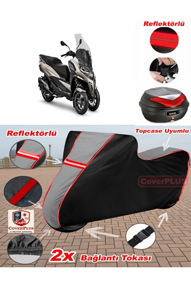Piaggio Mp3 530 Exclusive Tarpaulin Topcase Compatible Motorcycle Tarpaulin (Grey-Black Red Stitched)