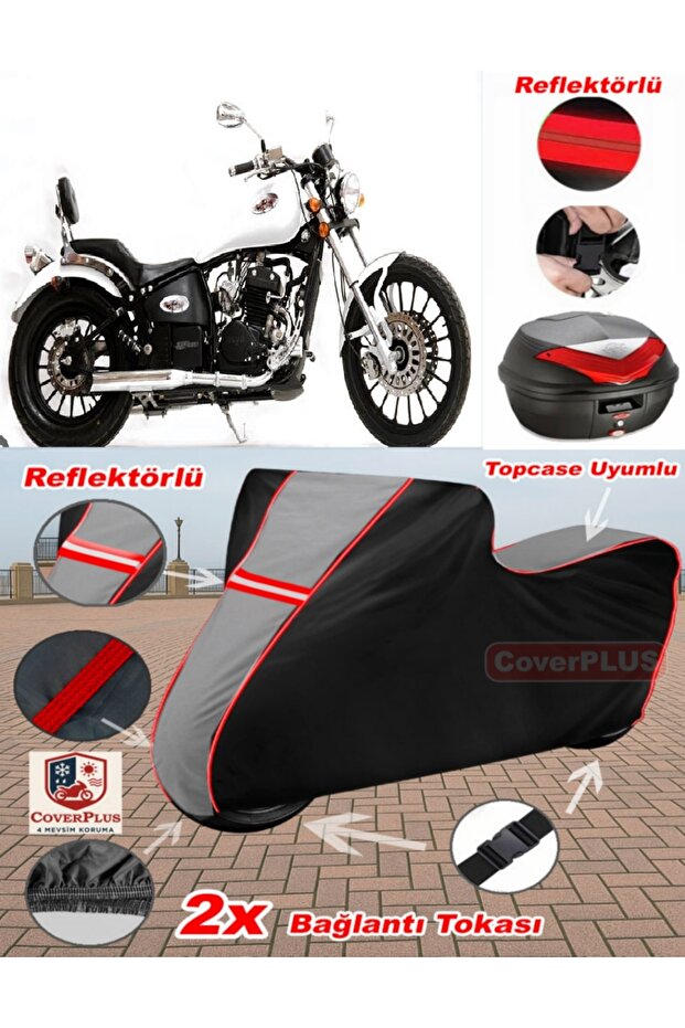 Asya Ghost 350 Tarpaulin Topcase Compatible Motorcycle Tarpaulin (Grey-Black Red Stitched)
