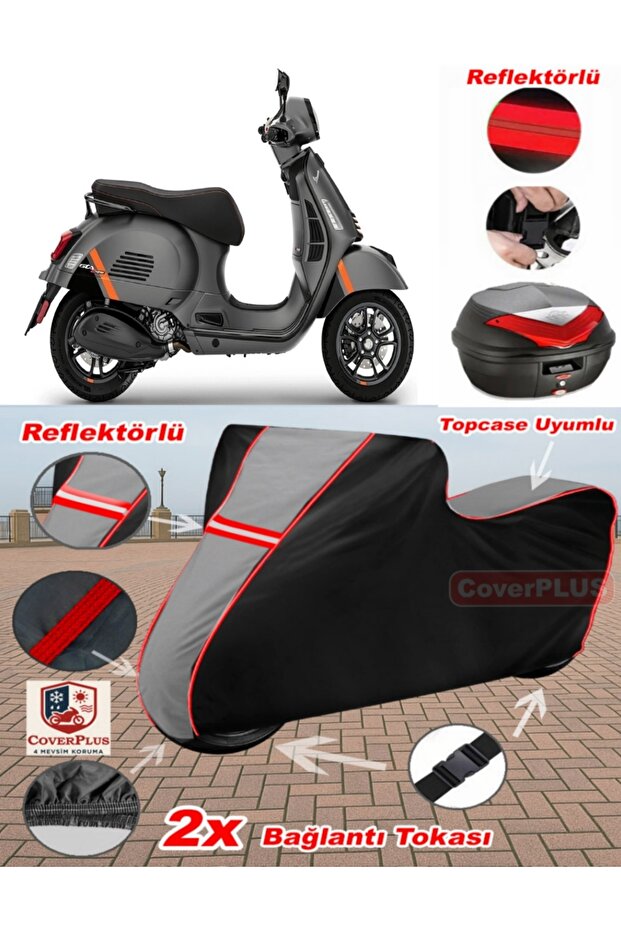 Vespa Gts 300 Supertech Tarpaulin Topcase Compatible Motorcycle Tarpaulin (Grey-Black Red Stitched)