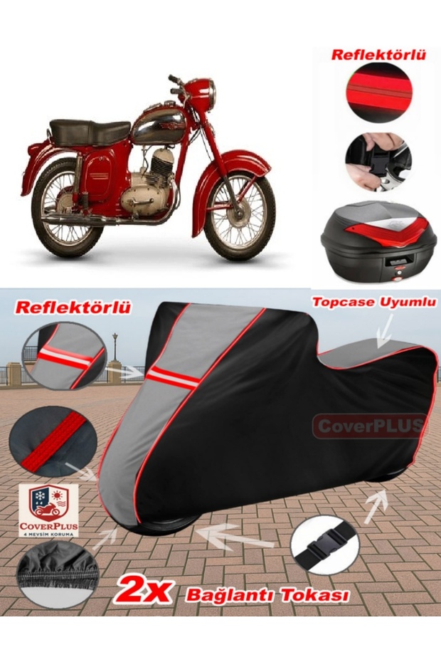 Jawa 250 Ceylan Tarpaulin Topcase Compatible Motorcycle Tarpaulin (Grey-Black Red Stitched)