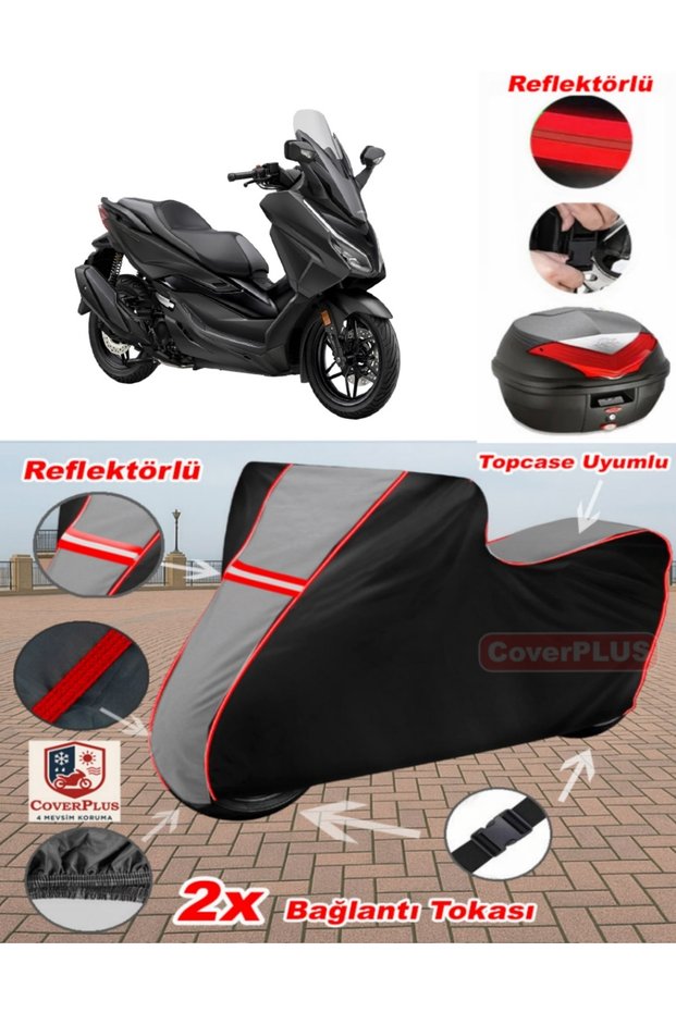 Honda Nss250 (Forza 250) Tarpaulin Topcase Compatible Motorcycle Tarpaulin (Grey-Black Red Stitched)