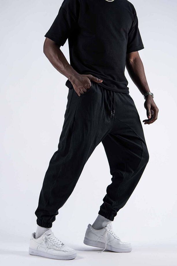 Erkek Pile Basic Bol Siyah Jogger Şalvar Pantolon - 1