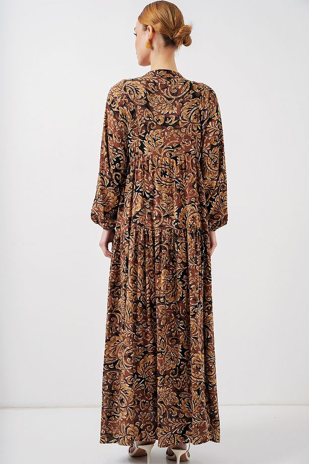 2423 Otantik Desenli Tesettür Elbise - Camel - 6