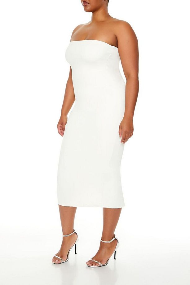 Plus Size Straplez Yaka Midi Elbise - 4