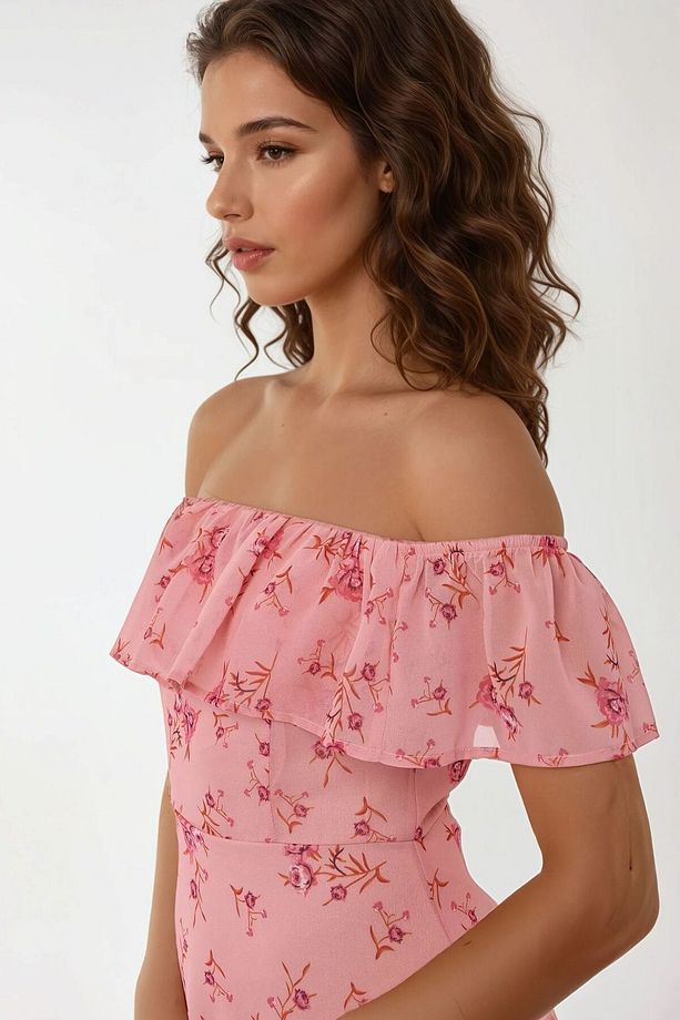 Omzu Açık Çiçek Desenli Bodycon Midi Elbise - 3