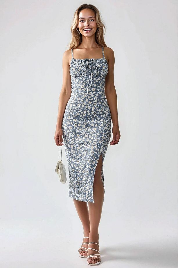 Yırtmaç Detaylı Çiçek Desenli Bodycon Midi Elbise - 2