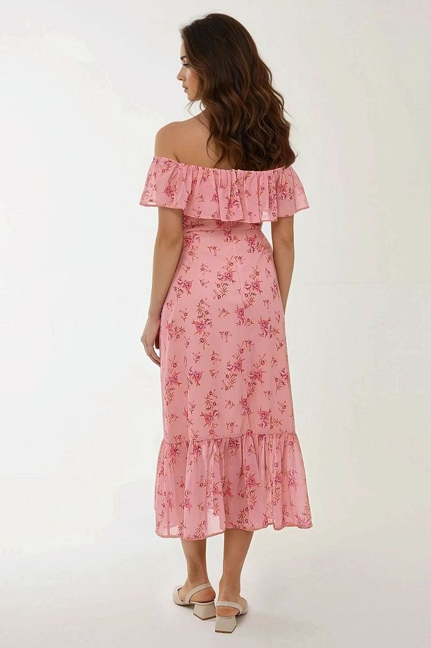 Omzu Açık Çiçek Desenli Bodycon Midi Elbise - 4
