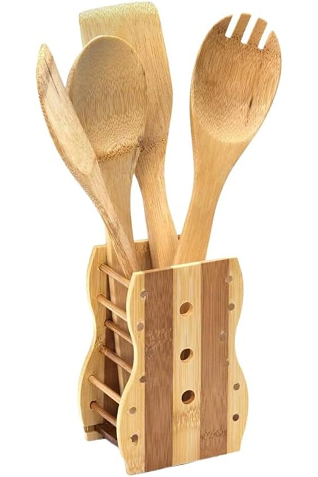 Bamboo Kitchen Utensil Set, 5 Pieces with Holder, Brown, BB3554