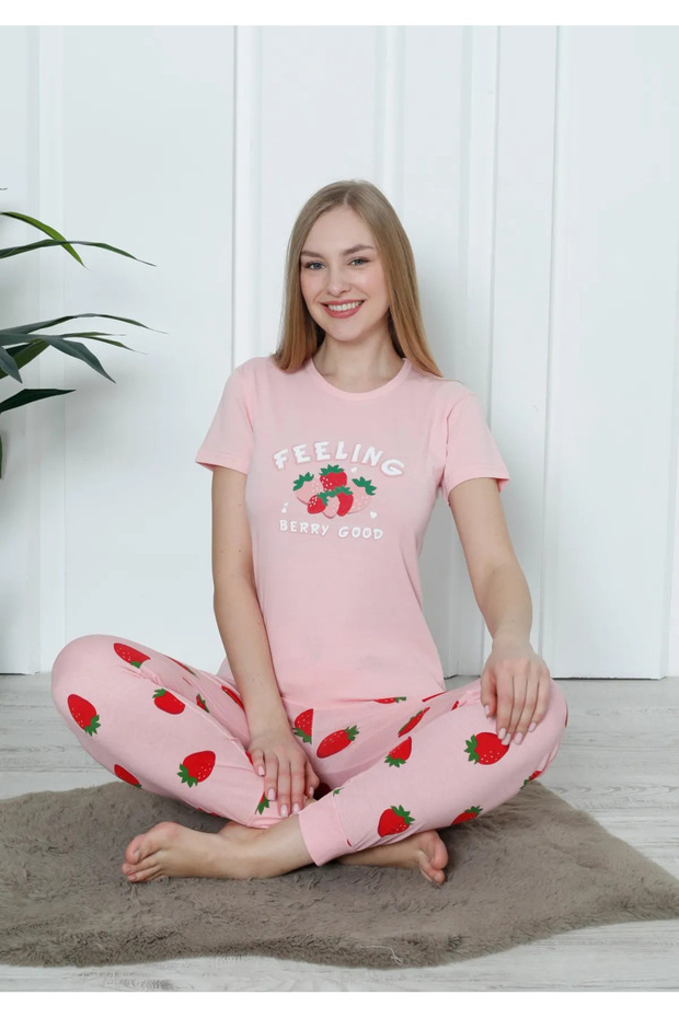 Pembe Çilek Desenli Kısa Kollu Pijama Takımı - 4123 - 3