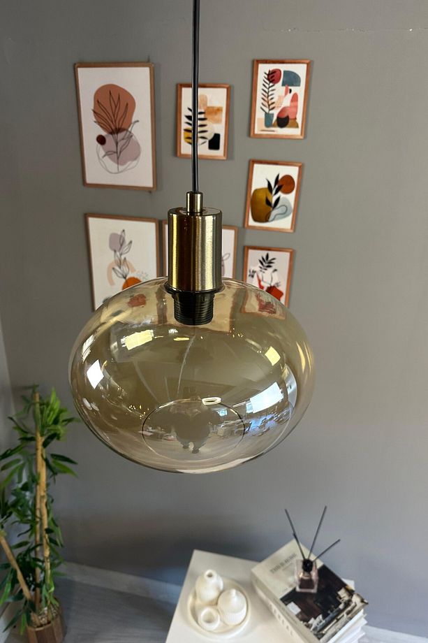 Solvia Cam Bal Rengi Tekli Avize Kalın Eskitme Fener Başlık Retro Sarkıt Lamba Salon Aydınlatma - 3