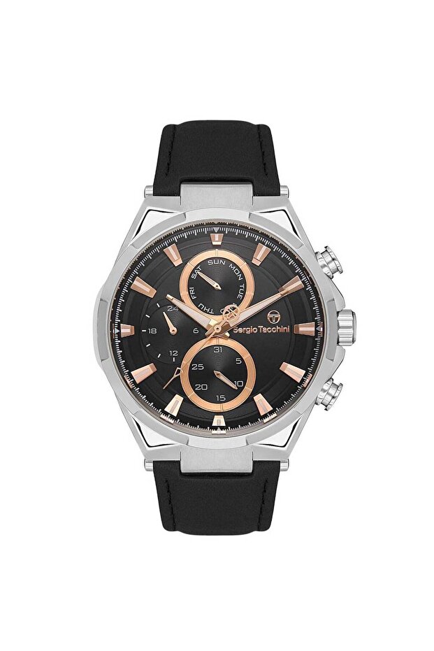 Men's Silver-Black Steel Case Round Dial Leather Band Wrist Watch Quartz Movement Analog Display m