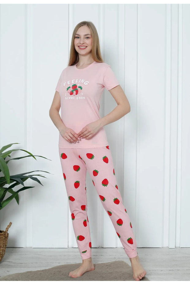 Pembe Çilek Desenli Kısa Kollu Pijama Takımı - 4123 - 2