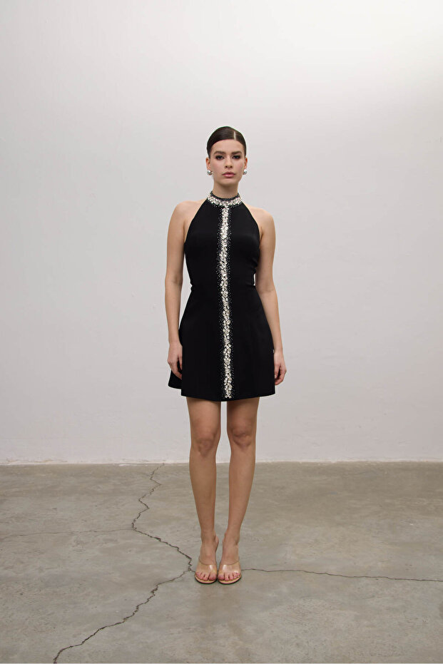 Halter Yaka Bağlamalı Crystal Taşlı Mini Elbise - 2