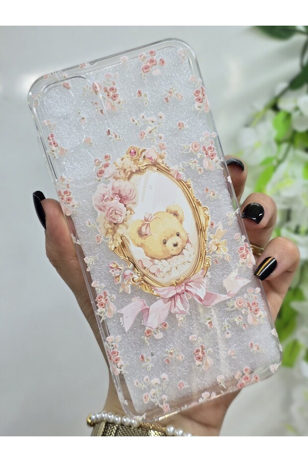 Transparent Phone Case with Cute Teddy Bear and Flower Pattern Compatible with Samsung Galaxy A24