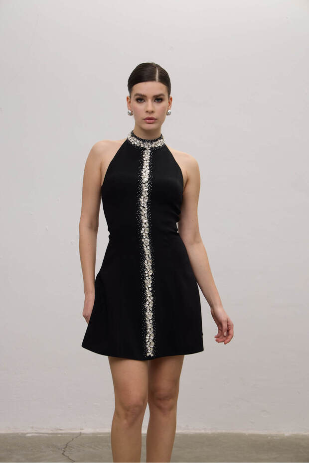 Halter Yaka Bağlamalı Crystal Taşlı Mini Elbise - 1