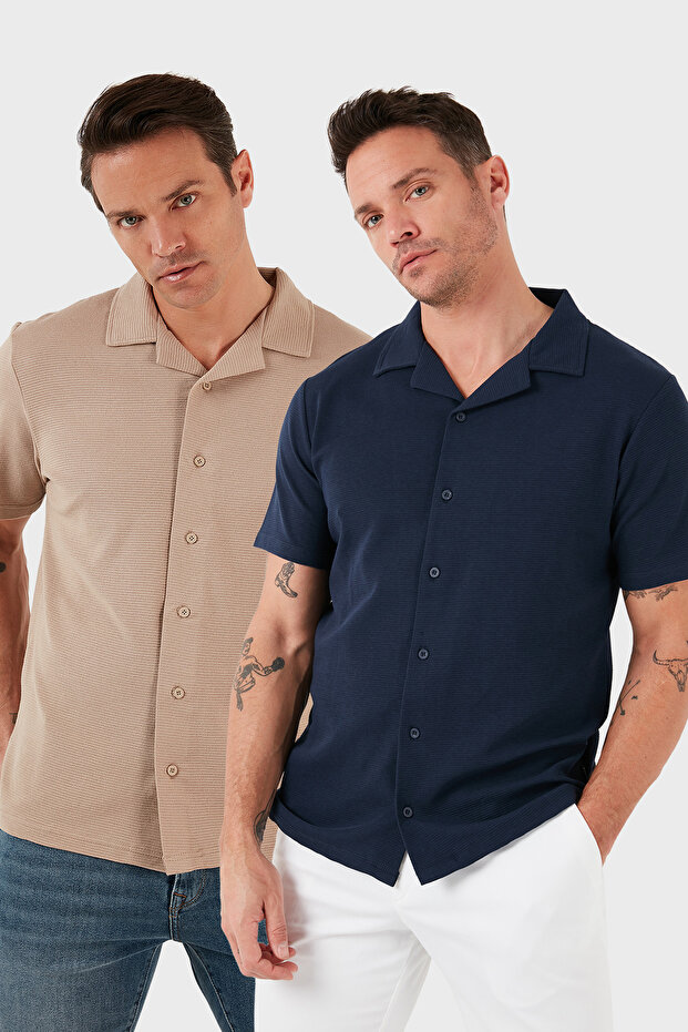 Cotton Regular Fit Short Sleeve 2'Li Package Shirt Men's Shirt 5902640S2
