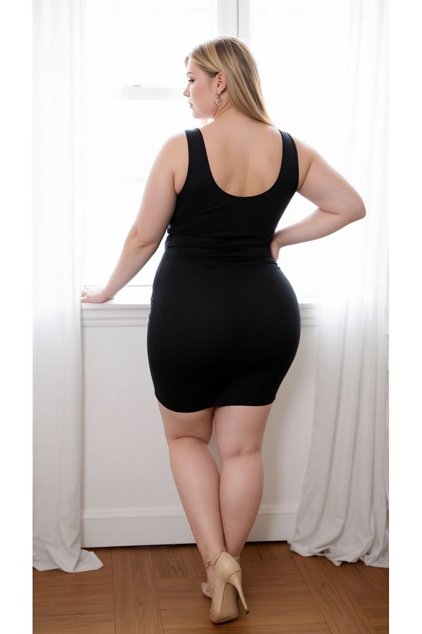 SiyahBüyük Beden Vücuda Oturan Likralı Örme Mini Elbise - 3